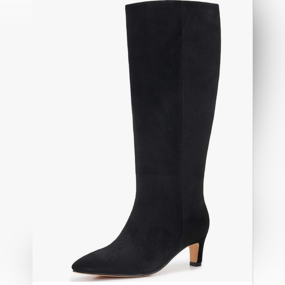 Shoes - Black Vegan Suede Kitten Heel Wide Calf Boots